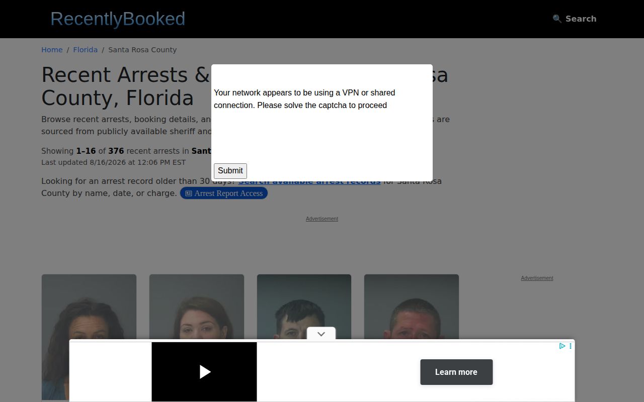Unofficial Recently Booked Santa Rosa County mugshot archive interface