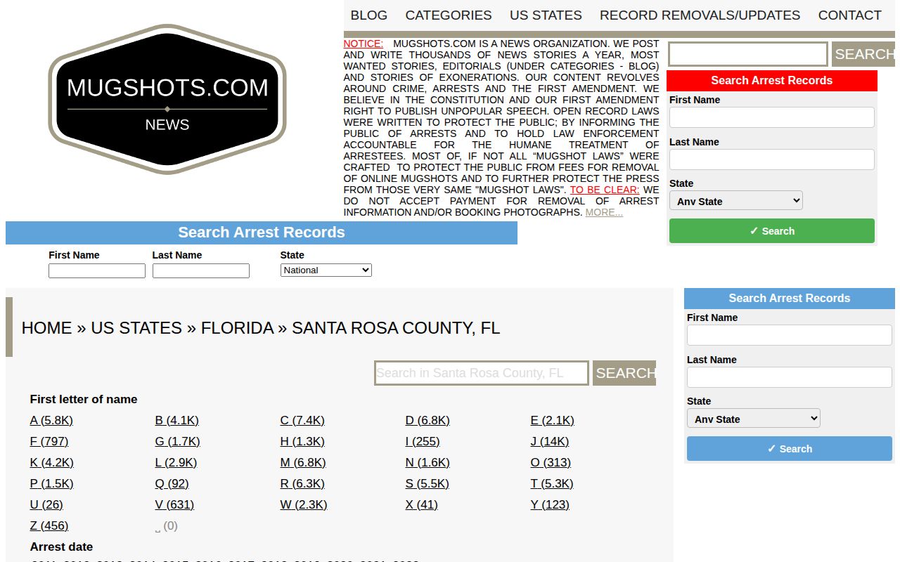 Unofficial Mugshots.com Santa Rosa County historical arrest archive