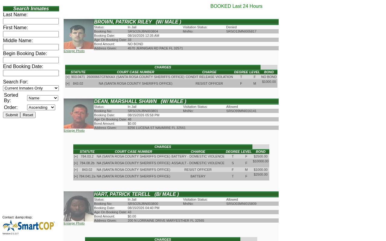 Santa Rosa County Jail roster and recent booking record search