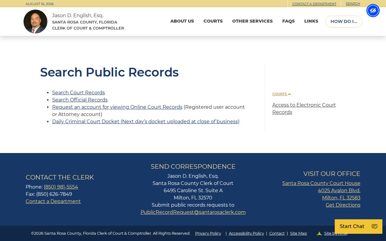 Santa Rosa County court arrest record and disposition search