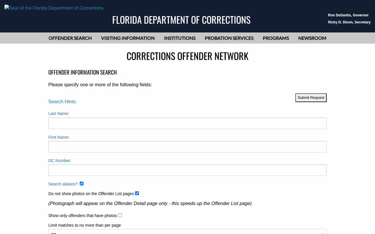 Florida DOC search for Santa Rosa County offender photo records