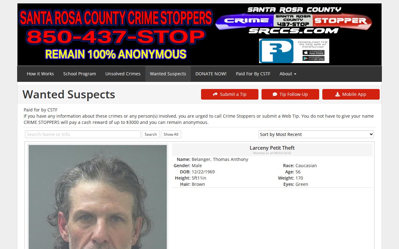 Santa Rosa County most wanted list and search interface