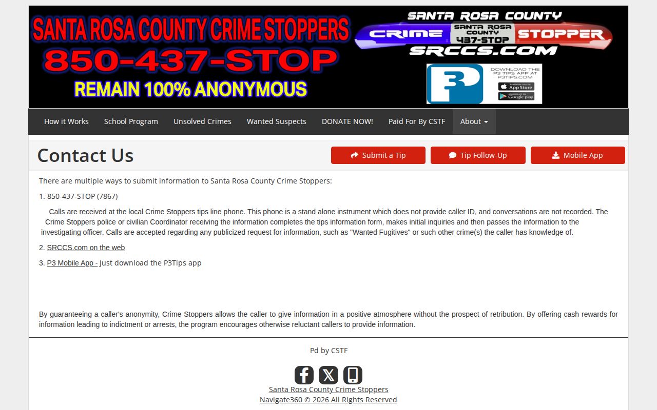 Santa Rosa County wanted tip channels and Crime Stoppers contact information